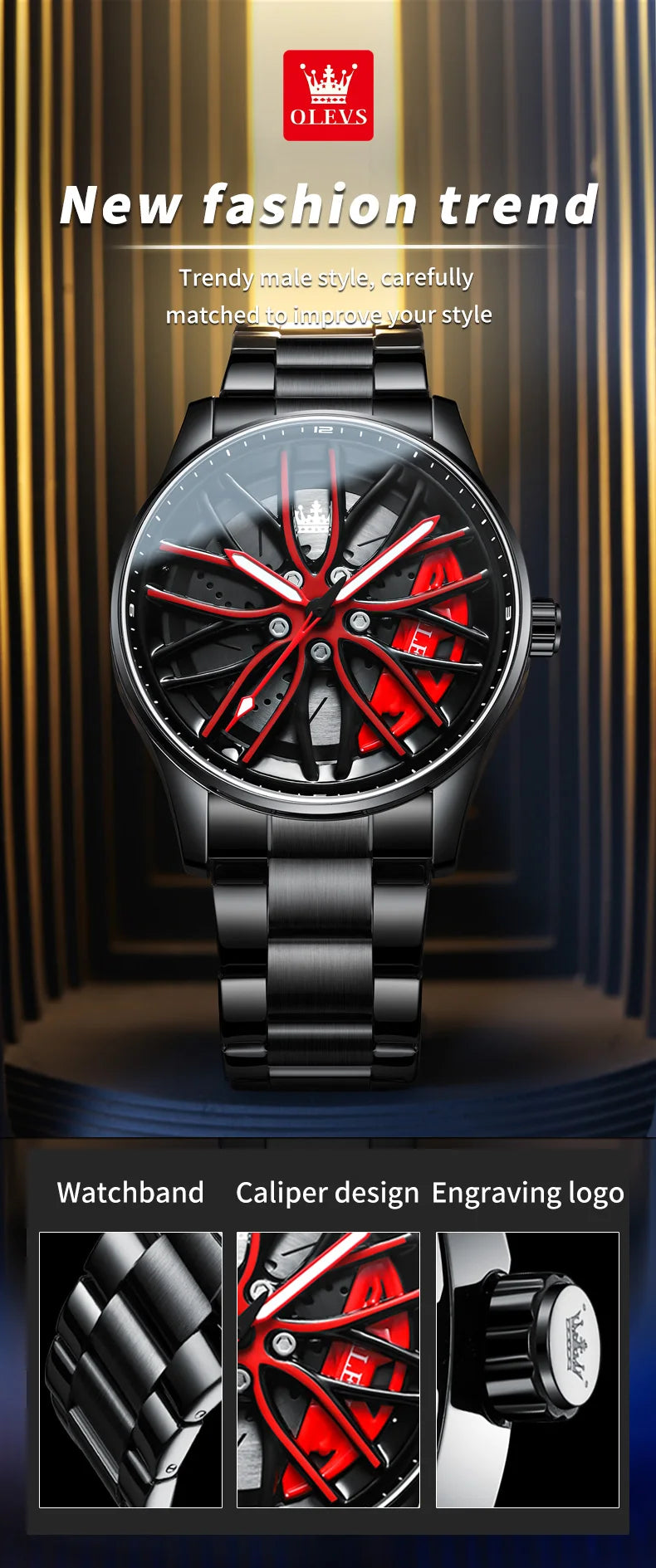 Reloj de lujo OLEVS Wheel para hombre, resistente al agua, con llanta giratoria deportiva, de cuarzo, de alta calidad y a la moda, el más vendido.