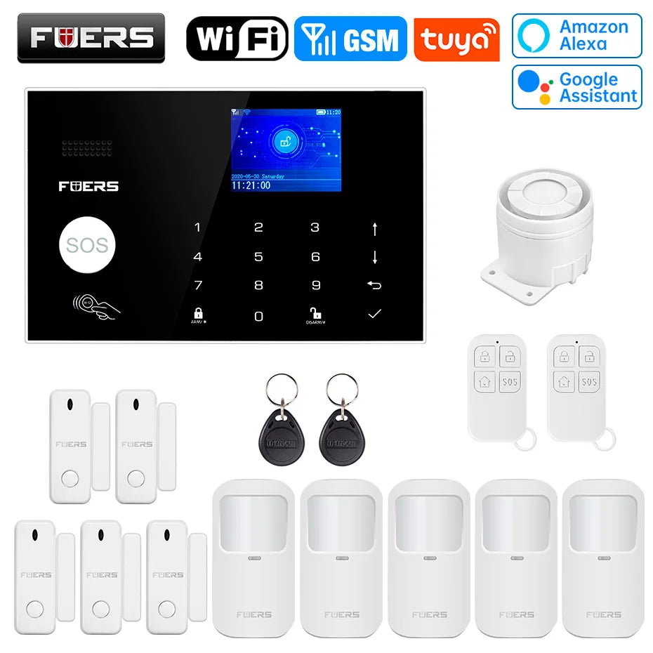 FUERS WIFI GSM Alarm System Wireless Home Burglar Security Alarm System Tuya APP Control Siren Motion Detector PIR Smoke Sensor