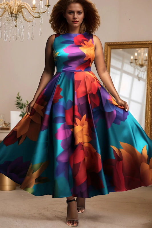 Vestido feminino plus size, sem mangas, plissado, linha a, festa, noite, maxi, estampa floral, casual, vintage, gola redonda