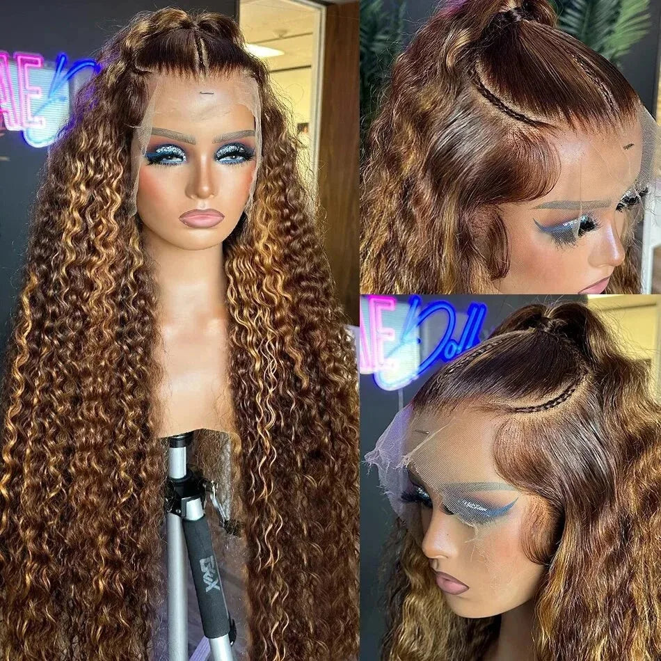 30 34 Inch Highlight Ombre Lace Front Wig Curly Human Hair Wigs Honey Blonde Colored HD Deep Wave Frontal Wigs For Black Women