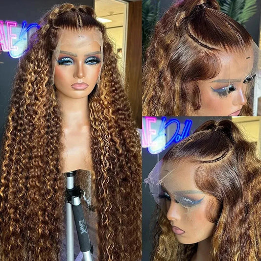 30 34 Inch Highlight Ombre Lace Front Wig Curly Human Hair Wigs Honey Blonde Colored HD Deep Wave Frontal Wigs For Black Women