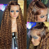 30 34 Inch Highlight Ombre Lace Front Wig Curly Human Hair Wigs Honey Blonde Colored HD Deep Wave Frontal Wigs For Black Women