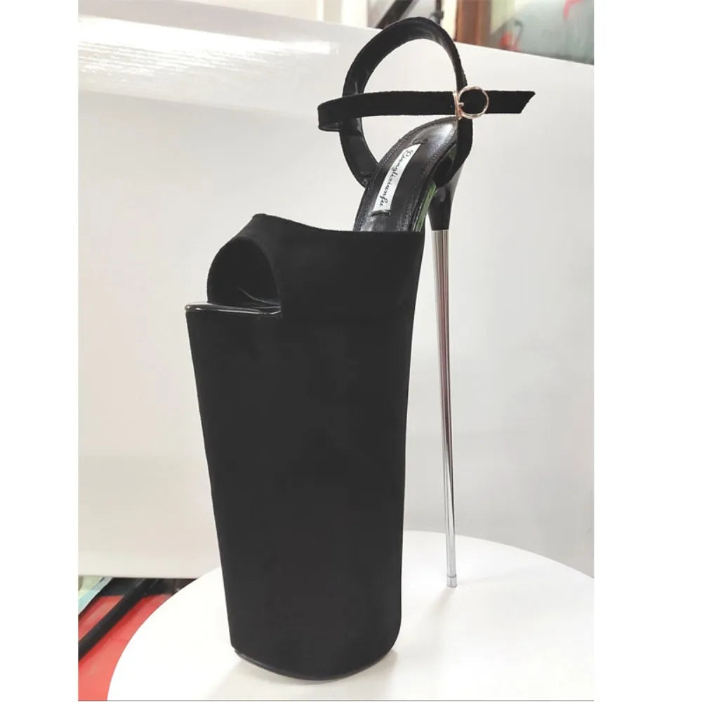 New Super High Thin Heels 30 Cm Steel Heels Large Size Women's Sandals Suede Black Buckle Sky-high Sexy Shoes platform sandals