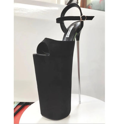 New Super High Thin Heels 30 Cm Steel Heels Large Size Women's Sandals Suede Black Buckle Sky-high Sexy Shoes platform sandals
