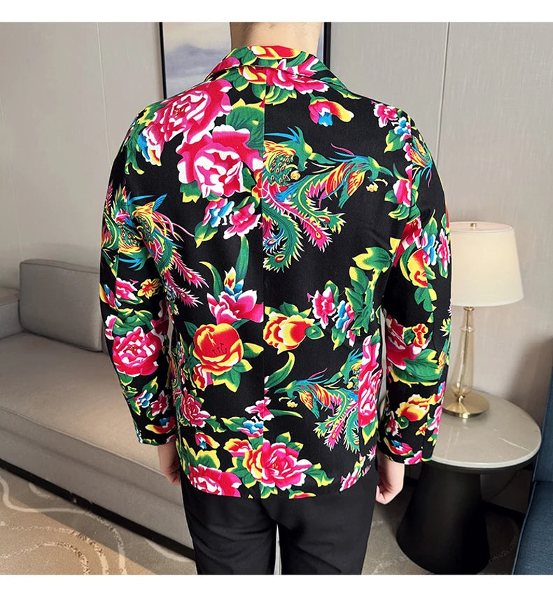 Men Suit 2 Piece Fashion Party Mens Vintage Print Big flower in northeast China Suits Jacket Pants Men Sets