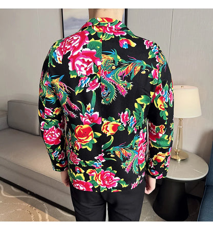 Men Suit 2 Piece Fashion Party Mens Vintage Print Big flower in northeast China Suits Jacket Pants Men Sets