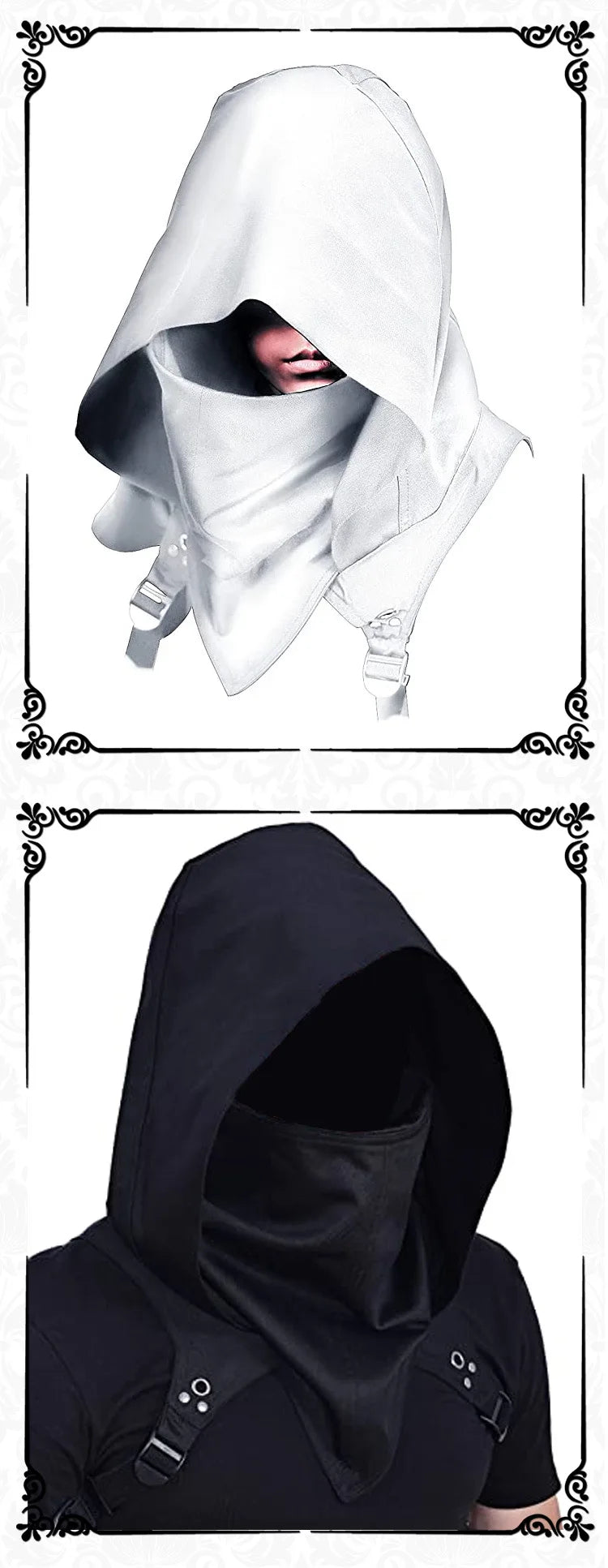 Men's Medieval Vintage Pirate Cosplay Mask Hooded Cloak Black White Gothic Punk Button Hood Face Shield Halloween Costumes
