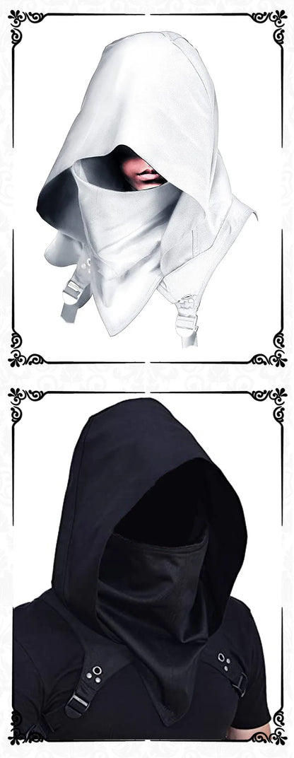 Men's Medieval Vintage Pirate Cosplay Mask Hooded Cloak Black White Gothic Punk Button Hood Face Shield Halloween Costumes