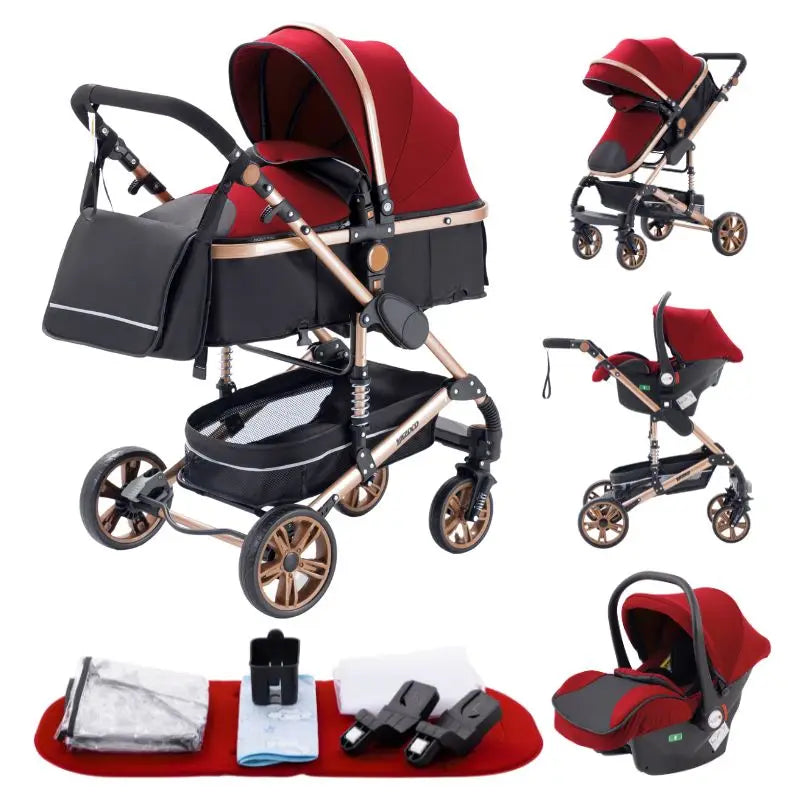 Poussette luxueuse 3 en 1 pour nouveau-né, modèle de voyage et pliable, Cadre Aluminium, Landau, Capote Rabattable
