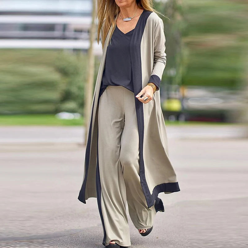 Solid Loose Spring Autumn Casual Three Piece Set Women's Office V-Neck Matching Suit Female Straight Pants Streetwear 3Pc Suit