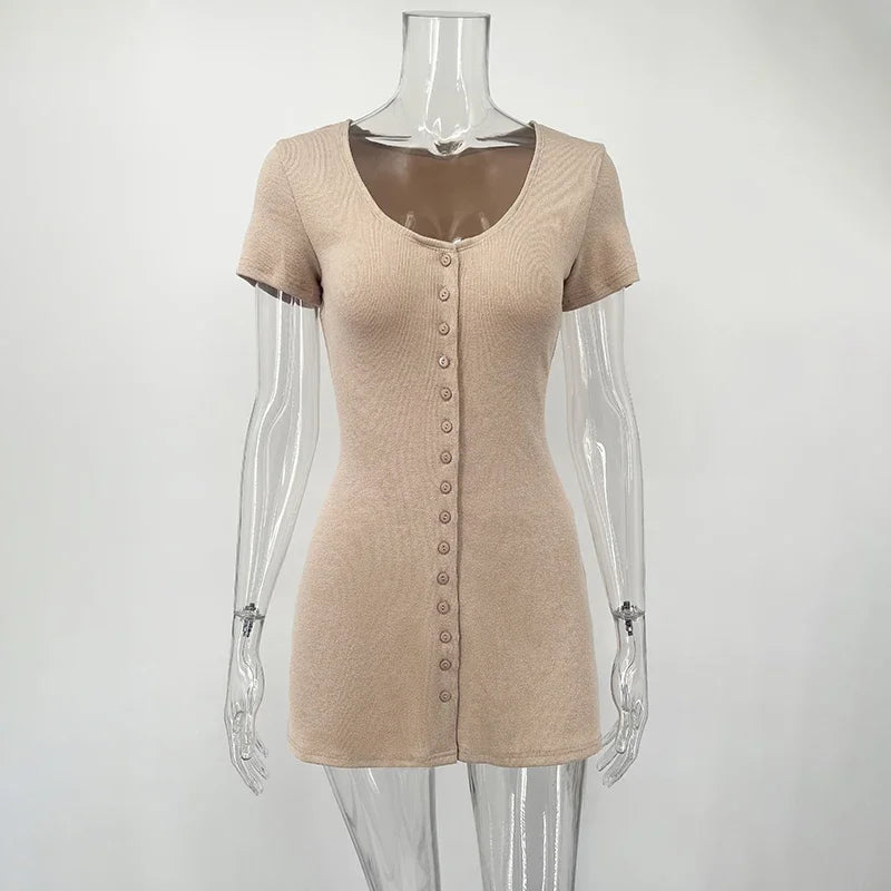 Tornova Knitted Mini Dress Female V Neck Buttons Elegant Short Sleeve Dress High Elasticity Casual Women's Dress 2026 Summer New