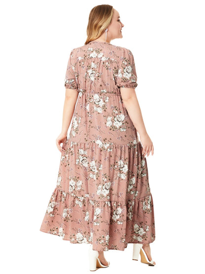 Vestido longo estampado floral para mulheres, tamanho grande, meia manga, bainha dividida, maxi, pescoço em v