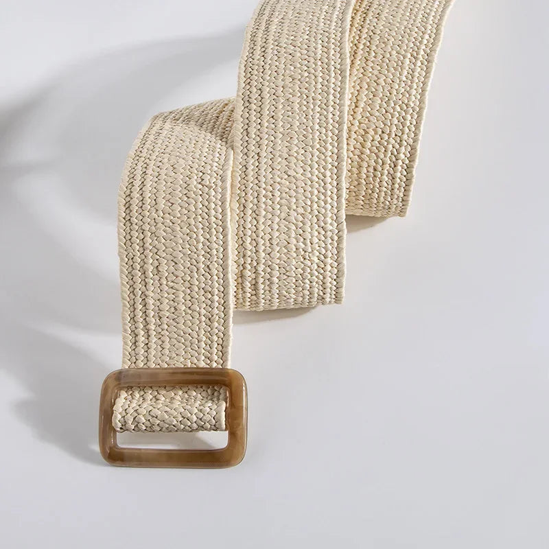 Ladies Round Dark Wooden Buckle Pp Straw Woven Elastic Belt Versatile Summer Fashion Bohemian Style Geometric Pattern