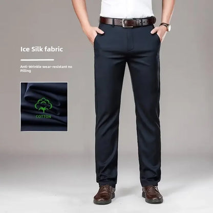 Pantalones casuales de seda helada para hombre, de negocios, formales, de verano, finos, rectos y holgados, para hombres de mediana edad.