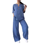 Cotton Linen Sets Two 2 Pieces Sale Casual Long Sleeve Button Loose Blouse Shirt & High Elastic Wide Leg Loose Pant Suits NMD-3021