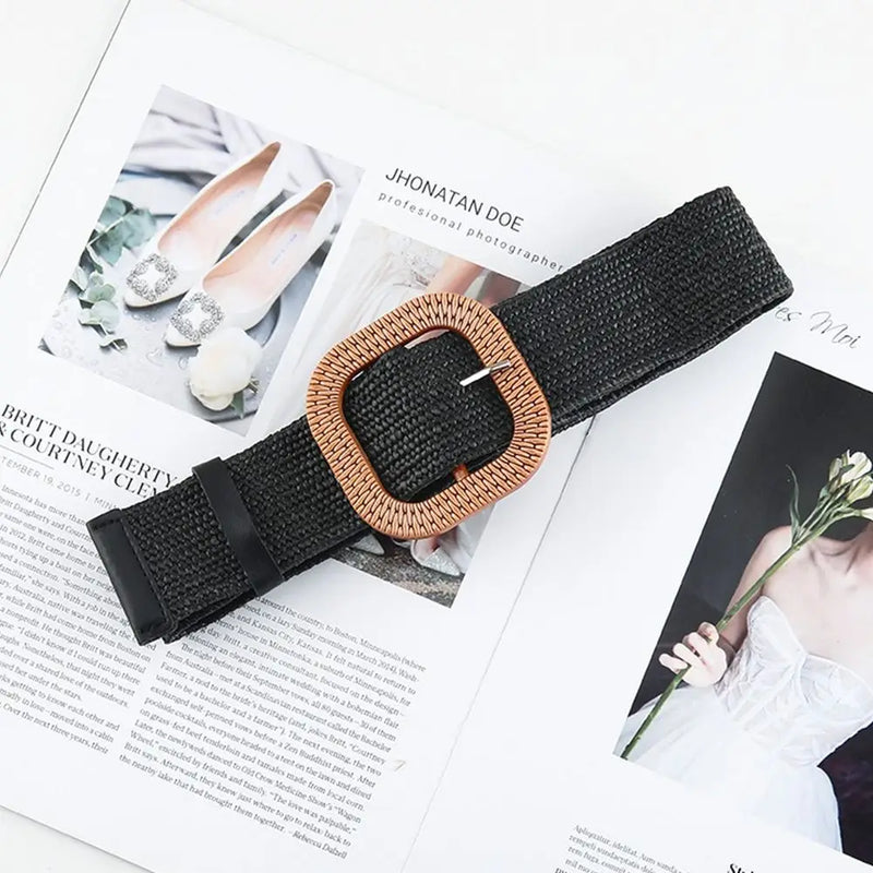 Summer Fashion Women Straw Belt Casual Bohemian Wide Summer Braided Waistbelt  Buckle Elastic Female Straw Waist Belt