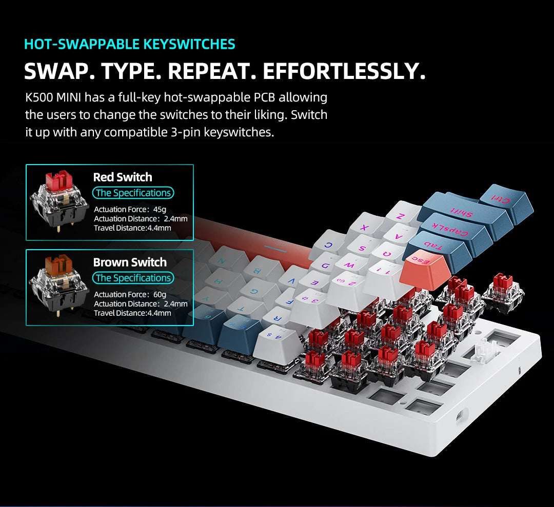 Mini teclado mecánico Machenike K500-B61 con factor de forma del 60%, 61 teclas, teclado para juegos con cable, teclas completas, retroiluminación RGB intercambiable en caliente