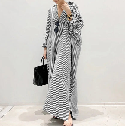 Plus size novo vestido feminino moda listra único breasted camisa solta estilo casual elegante feminino algodão cânhamo vestido longo