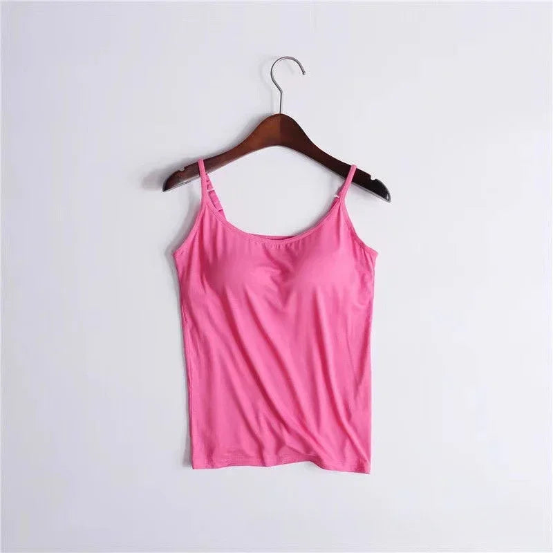 Camisola sexy con sujetador acolchado sólido y tirantes finos para mujer, camiseta sin mangas con sujetador incorporado, 2024