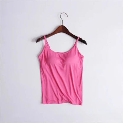Camisola sexy con sujetador acolchado sólido y tirantes finos para mujer, camiseta sin mangas con sujetador incorporado, 2024