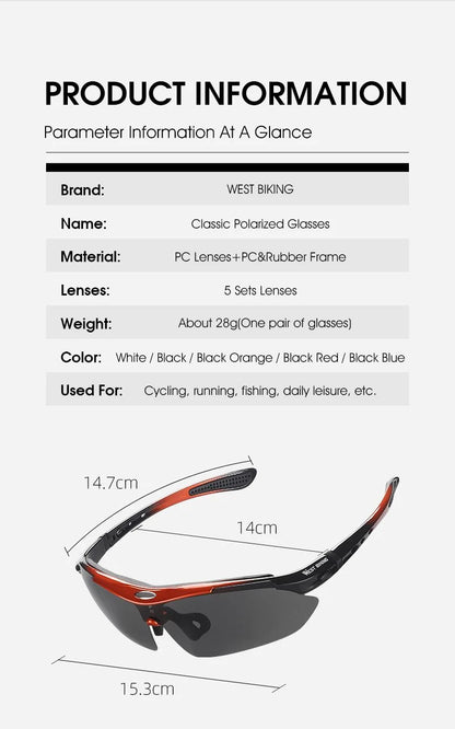 WEST BIKING Cycling Polarized Glasses Bike Outdoor Sports Sunglasses MTB PC Goggles Eyewear 5 Lens Bicycle Accessories