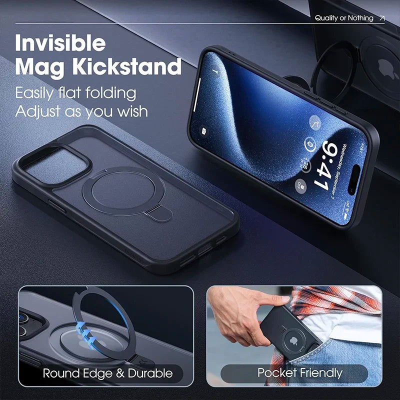 Matte Magnetic Mobile Phone Case with Ring Stand for iPhone 16 15 14 Pro Max Case Plus 13 11 12 Mobile Cases Translucent Cover