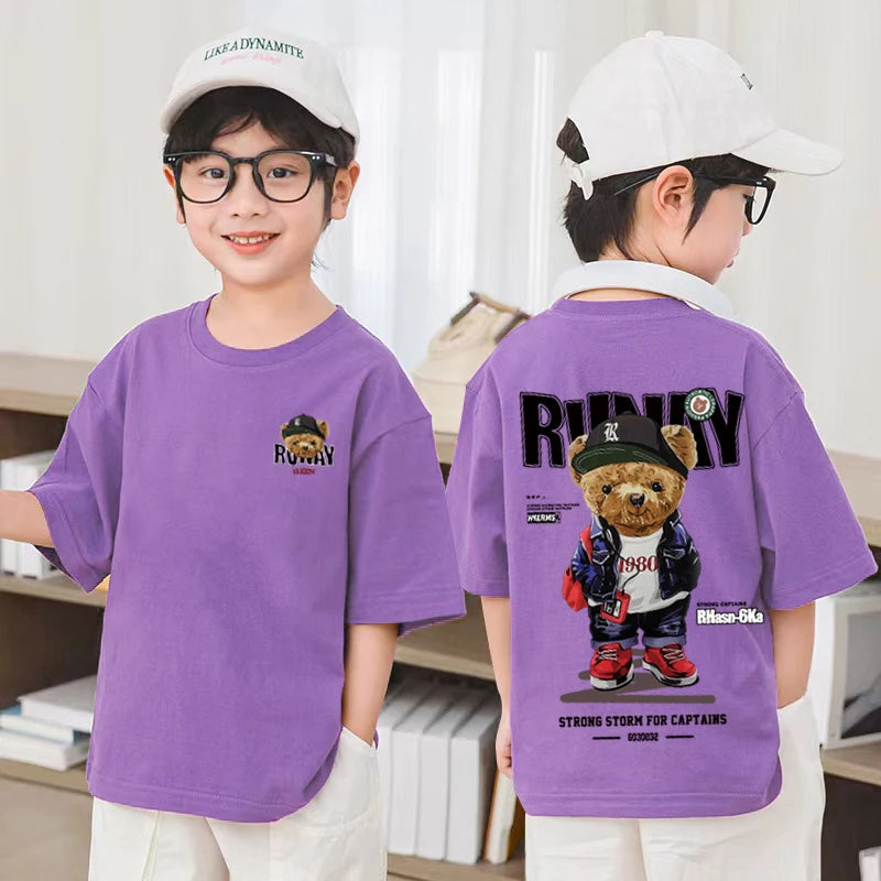 2025 Children's Clothing American Vintage Bear Print Graphic T Shirts Boys Summer Cotton Short-sleeved T-shirt Tops Streetwear