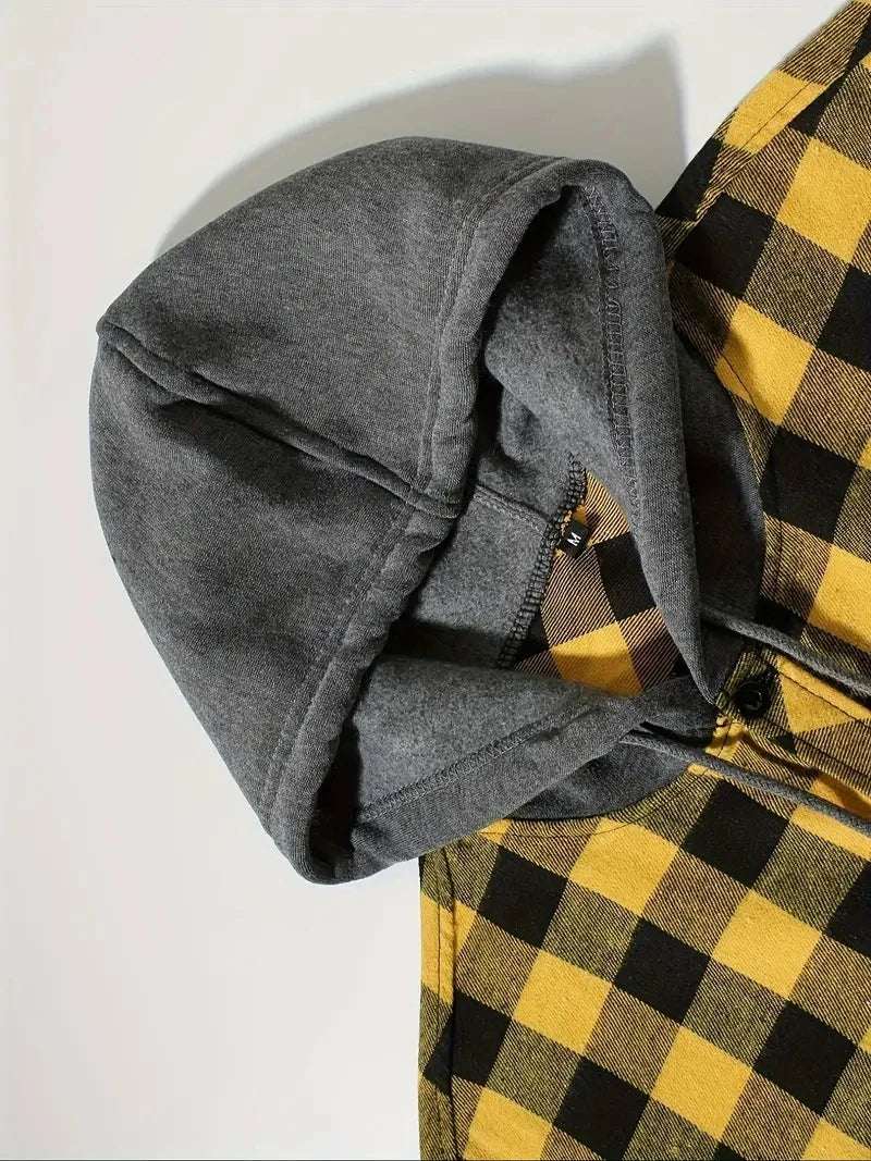 Camisa a cuadros con capucha de moda juvenil para hombre, camisa de manga larga ajustada, camisa informal de viaje para parejas, camisa deportiva para hombre, chaqueta