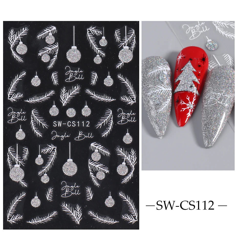 5D Red Christmas Nail Stickers Glitter Embossed Snowflake Gloves Feather Bulb Bells Winter Xmas DIY Engraved Manicure Decoration