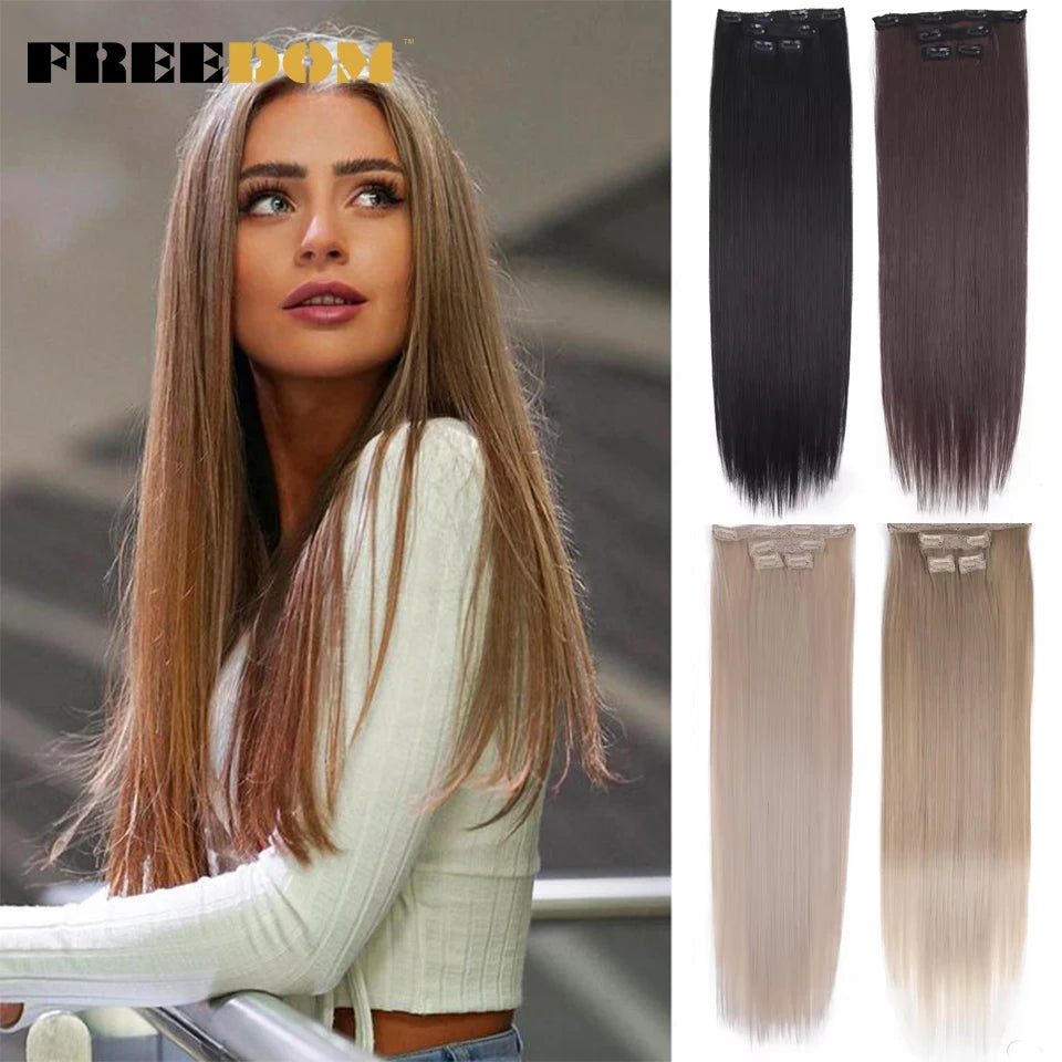 Kit 4 peças extensões de cabelo liso 60cm clip in aplique sintético ombre castanho e louro