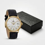 Relógio masculino automático vintage com pulseira de couro caixas dourada