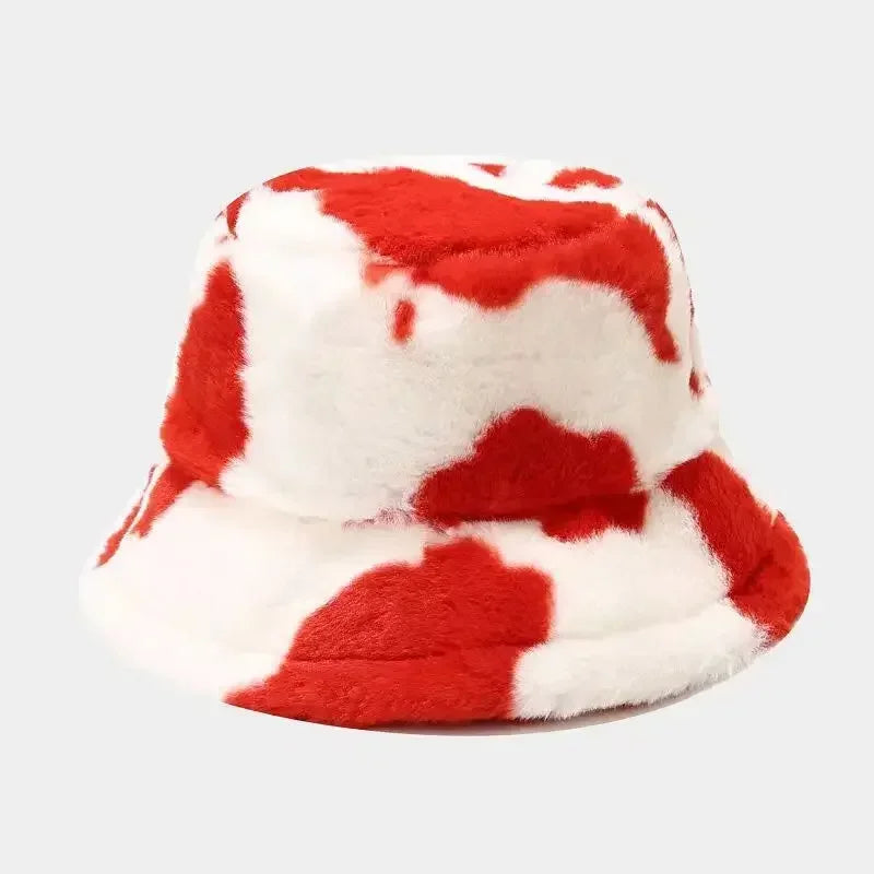 Winter Rabbit Plush Fisherman Hats for Women Girl Bucket Hat Windproof Leopard Soft Faux Fur Wide Brim Lady Women Artist Cap