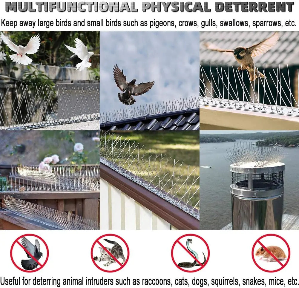 Púas para pájaros con base de acero inoxidable, resistentes y repelentes de aves, kit de cerca para palomas para ahuyentar a las aves pequeñas. 