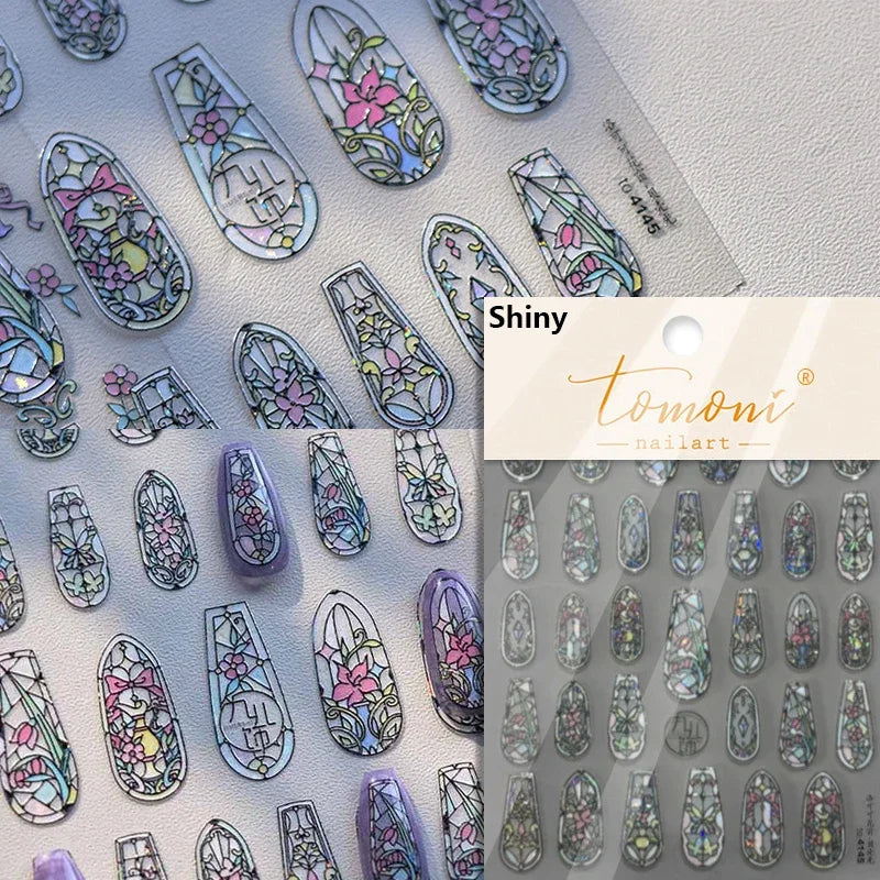 Flash Dreamy Chinese Flower Window Butterfly Glazed Rococo Geometric Frame Stamp Embossed Relief Nail Art Sticker Manicure Decal