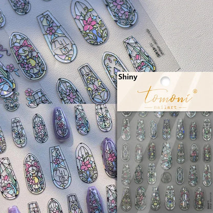 Flash Dreamy Chinese Flower Window Butterfly Glazed Rococo Geometric Frame Stamp Embossed Relief Nail Art Sticker Manicure Decal