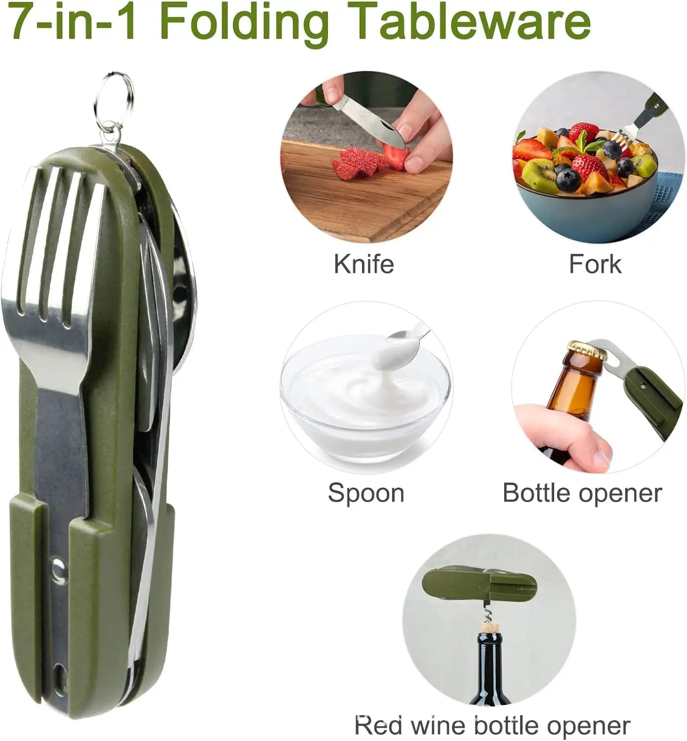Vajilla multifuncional 7 en 1 para exteriores, herramientas de supervivencia, tenedor plegable de acero inoxidable, cuchara, cuchillo, vajilla para Picnic y acampada