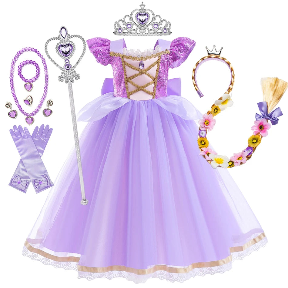 Vestido de Princesa Rapunzel de Verão – Cosplay Enrolados / Halloween / Festa de Aniversário – Fantasia Infantil