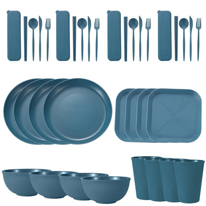 36pcs Plate Sets Wheat Straw Eco-Friendly Ramen Bowl Tableware Dinner Dishes Set Camping Tableware Set With Knife Fork Spoon