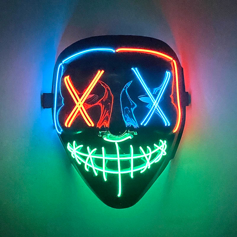 Artigos para Festa de Halloween 2026: Máscara LED Luminosa Estilo "Uma Noite de Crime" (Purge) com Luz Neon EL Sem Fio – Máscara de Rosto Inteiro para Cosplay Adulto (Brilha no Escuro)