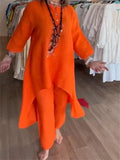 Women's Long-sleeved Cotton and Linen Suit, Pure Color, Casual, Europe and the United States, Beyond Borders, New, Summer, 2024 
