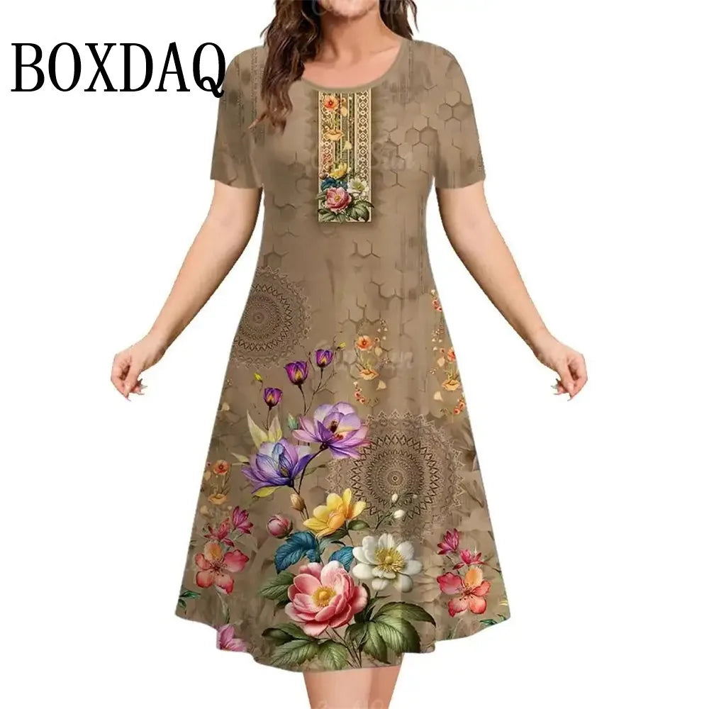 Summer Women Dresses Ethnic Fashion Plus Size Dresses Short Sleeve Elegant Loose Retro Ladies Dresses Casual 3D Printed Clothing