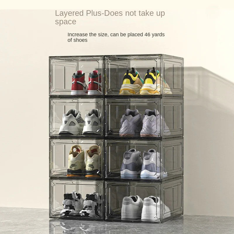 Caja de zapatos transparente, puerta con succión magnética, caja de almacenamiento de plástico grueso, caja de almacenamiento de zapatos desmontable a prueba de polvo
