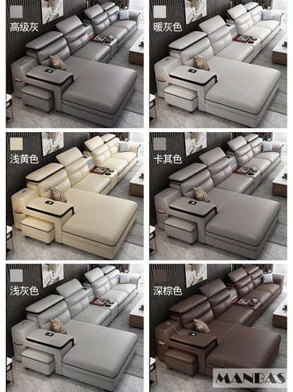 MINGDIBAO Leather Sectional Sofa Set with Cup Holder, USB, Adjustable Headrests & Bluetooth Speaker Living Room Couch with Stool