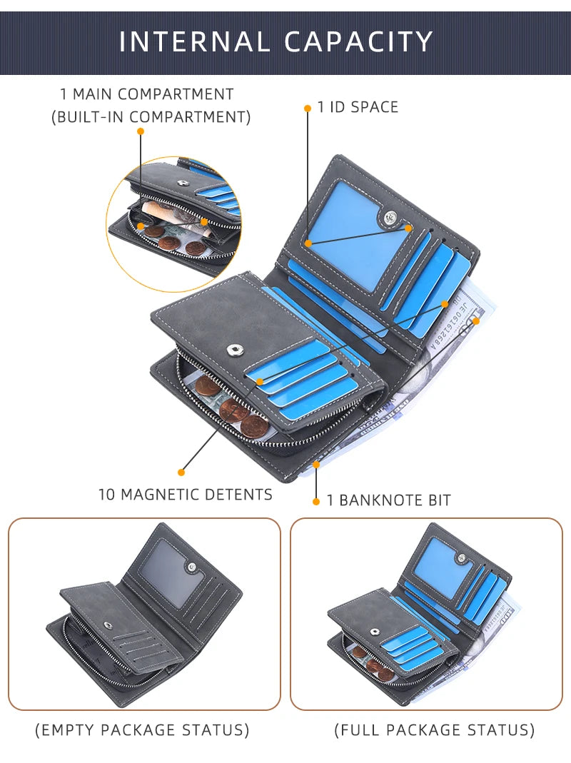 New Leather Men Wallets High Quality Zipper Short Desigh  Wallet Hipster Credit Card Holders Inserts Coin Purses Vintage Walltes