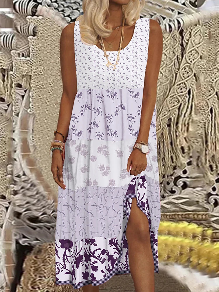 Plus size casual feminino midi vestido 2025 verão novo floral impresso sem mangas pescoço plano a linha boêmio vestidos de praia