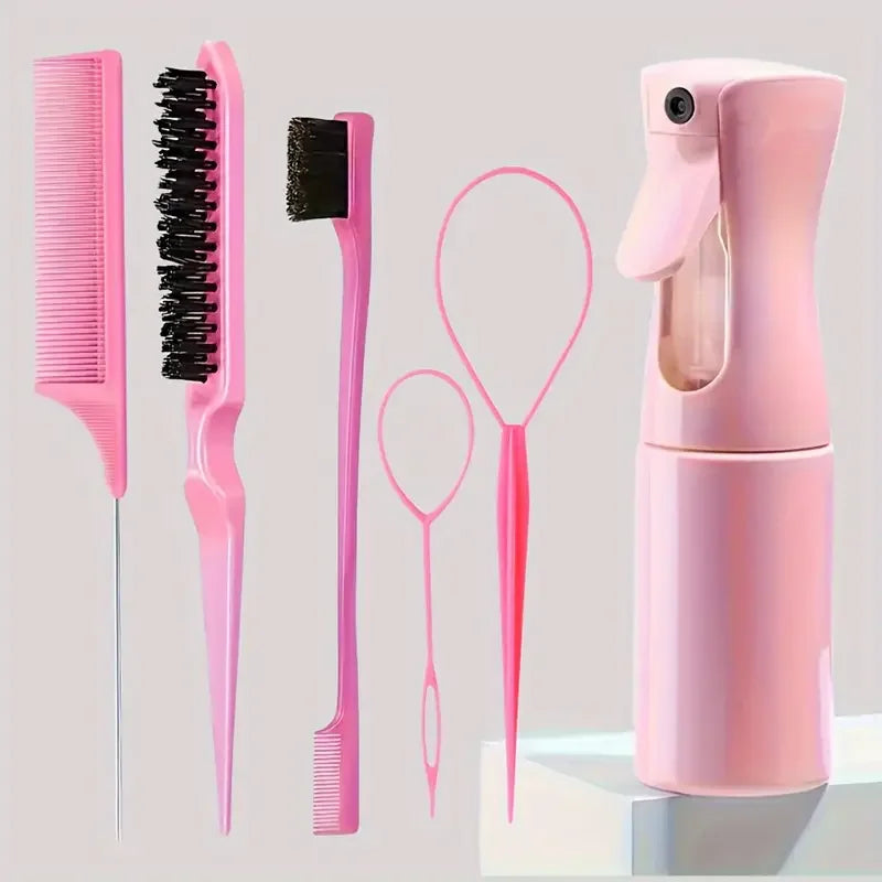 6 pçs/set conjunto escova de cabelo cabeleireiro spray garrafa trança laço rato cauda pente provocando cabelo brsuh borda controle escova de cabelo