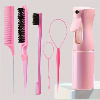6 pçs/set conjunto escova de cabelo cabeleireiro spray garrafa trança laço rato cauda pente provocando cabelo brsuh borda controle escova de cabelo