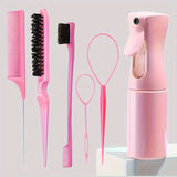 6 pçs/set conjunto escova de cabelo cabeleireiro spray garrafa trança laço rato cauda pente provocando cabelo brsuh borda controle escova de cabelo