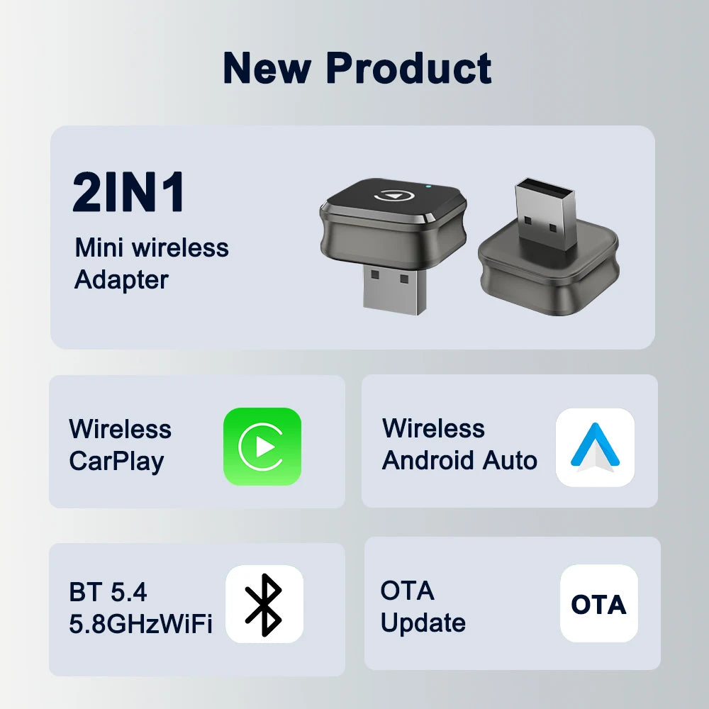 Wireless 2IN1 CarPlay Android Auto Wireless Supermini Box Adapter Plug And Play Dongle Bluetooth WiFi Fast Connect