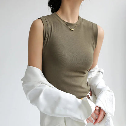 Camisola de algodón para mujer, cuello redondo, colorida, básica, sin mangas, con cobertura para escote lateral, C4878